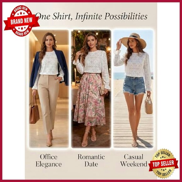 Long Sleeve Eyelet Lace Blouse, Loose Fit, 60% Cotton 40% Nylon - Picture 7 of 8